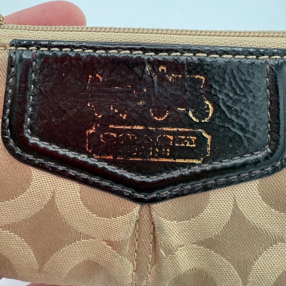 Coach Beige Brown Signature C‎ Jacquard Canvas Key Coin Pouch Leather Trim - Picture 3 of 5